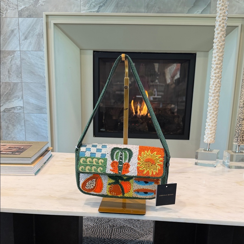 Colorblock Beaded Crossbody Bag with Green Strap
